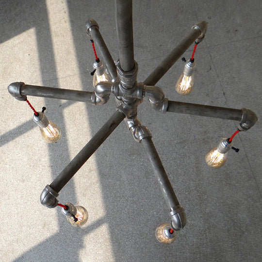 Rustic Aged Silver/Bronze Pipe Chandelier Lamp With Exposed Bulb - 6/8 Heads Indoor Hanging Light