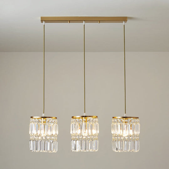 Modern Multi-Pendant Brass Ceiling Light With Crystal Prism Cylinders