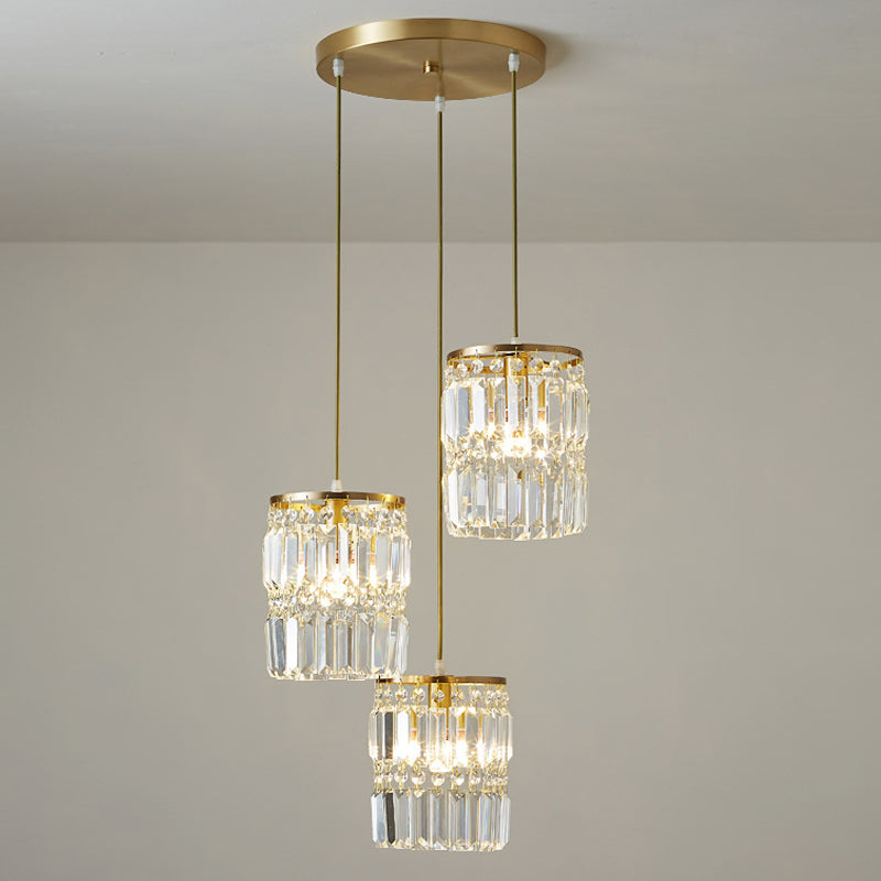 Modern Brass Pendant Ceiling Light With Crystal Prism Cylindrical Design – 3 Heads Round/Linear