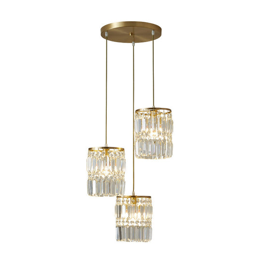 Modern Brass Pendant Ceiling Light With Crystal Prism Cylindrical Design – 3 Heads Round/Linear
