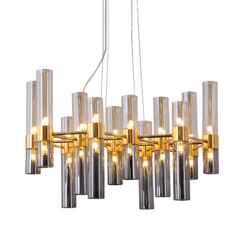 Modern Gold Pipe Chandelier With Smoke Glass Shades - 14/24/26 Lights Pendant For Bedroom