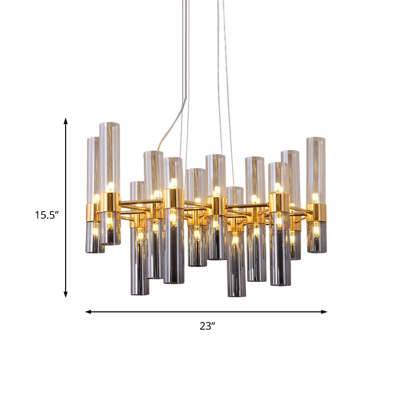 Modern Gold Pipe Chandelier With Smoke Glass Shades - 14/24/26 Lights Pendant For Bedroom