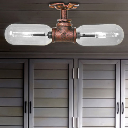 Vintage Clear Glass Semi Flush Light For Living Room With Weathered Copper Finish - 2 - Light
