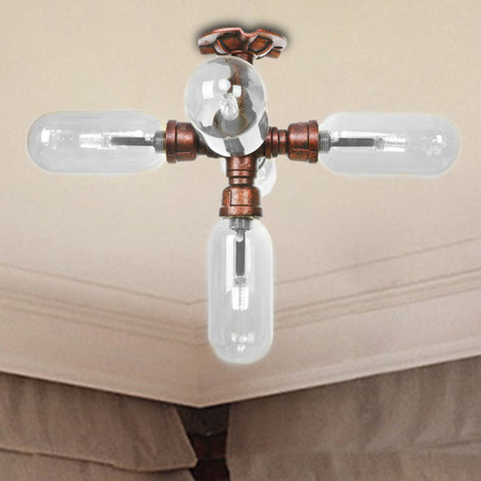 Industrial Weathered Copper Semi Mount Indoor Ceiling Light With Clear Glass And Pipe Design -