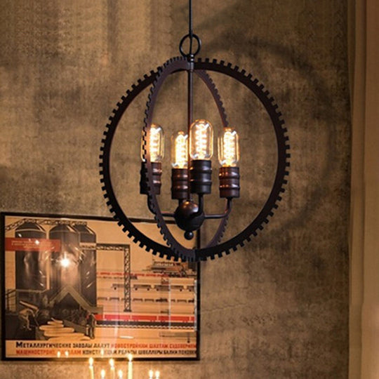 Industrial Metal Hanging Chandelier With 4-Lights Globe Shade And Bronze Finish For Dining Room