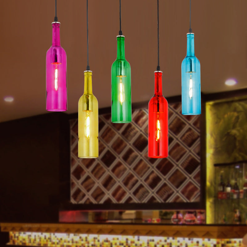 Beer Bottles Ceiling Lamp: Colorful Art Decor 5 Bulbs Suspension Light Fixture - Red Glass