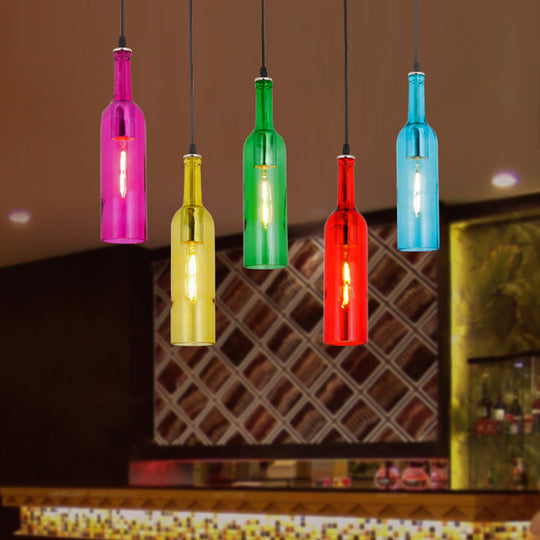 Beer Bottles Ceiling Lamp: Colorful Art Decor 5 Bulbs Suspension Light Fixture - Red Glass