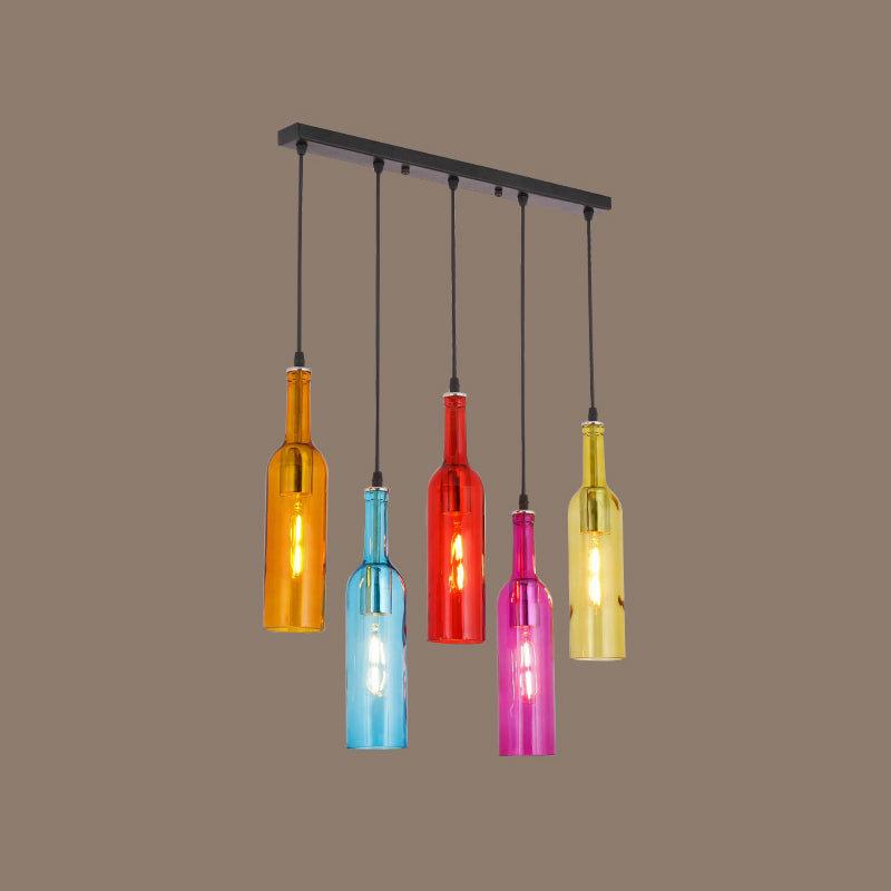 Beer Bottles Ceiling Lamp: Colorful Art Decor 5 Bulbs Suspension Light Fixture - Red Glass