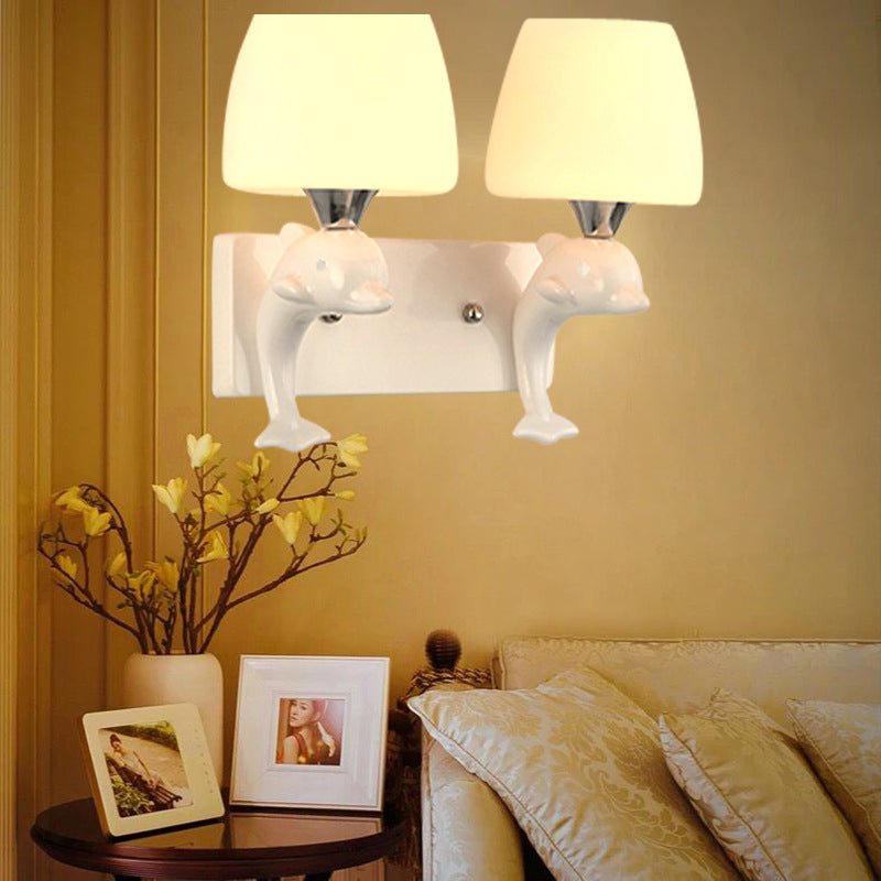 Contemporary Opal Glass Wall Light With Dolphin Decor - Tapered Shape 2 Bulbs White Lighting Fixture
