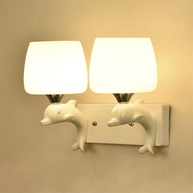 Contemporary Opal Glass Wall Light With Dolphin Decor - Tapered Shape 2 Bulbs White Lighting Fixture