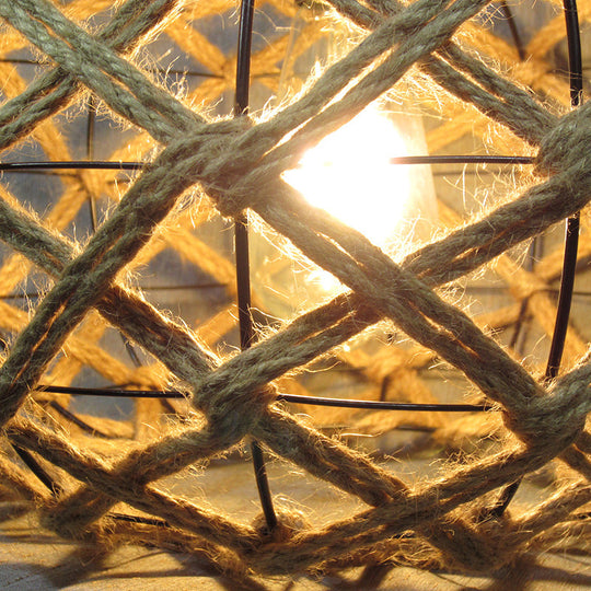 Beige Drum Ceiling Light With Industrial Hemp Rope & Ivy Decor - Single Pendant For Restaurants