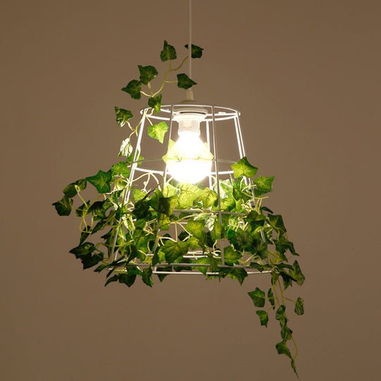 Iron Tapered Cage Pendant Ceiling Light With Decorative Ivy - Retro 1 Head Suspension Lighting For