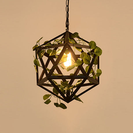 Antique Black Iron Polyhedron Cage Pendant Light - Single Restaurant & Plant Hanging Fixture