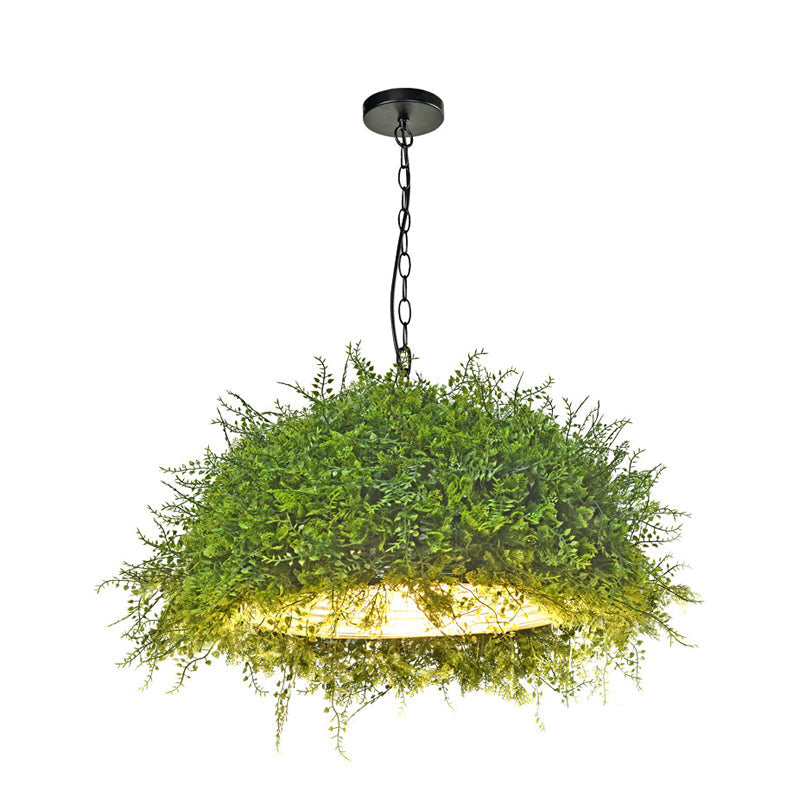 Iron Suspension Restaurant Pendant Light - Retro Green Dome Design With Plant Decor