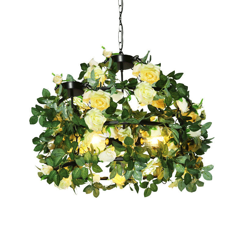 Geometric Vintage Chandelier With Artificial Plants - Metal Ceiling Light Fixture
