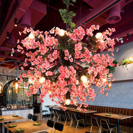 Vintage Pink Starburst Restaurant Chandelier With Cherry Blossom Decor - 13-Head Iron Ceiling