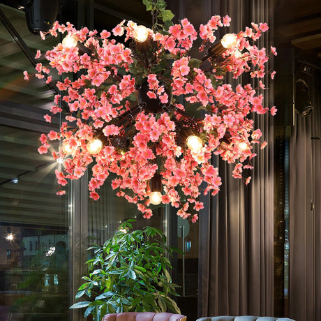 Vintage Pink Starburst Restaurant Chandelier With Cherry Blossom Decor - 13-Head Iron Ceiling