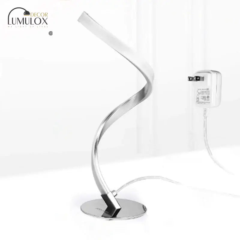 Spiral Shaped Metal Table Lighting Minimalist Single Bulb Silver Led Nightstand Lamp