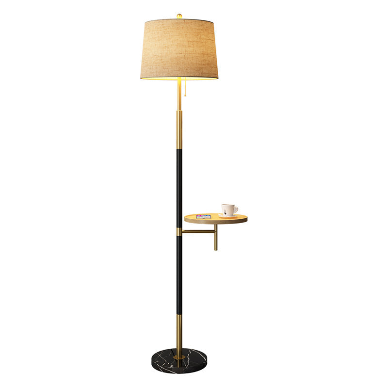 Traditional Single Living Room Floor Lamp With Pull Chain Fabric Empire Shade & Wooden Tray In