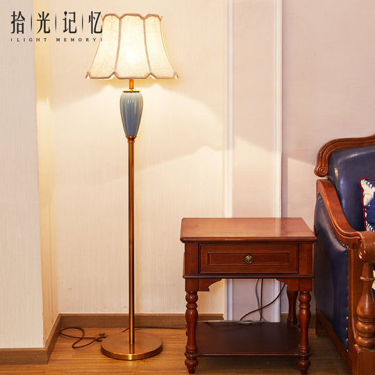 Classic Gold Fabric Floor Lamp With Tapered Shade - Ideal For Living Room / Ceramic C