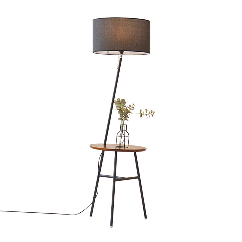 Classic Drum Shaped Fabric Floor Lamp With Tripod Tray - Perfect Living Room Lighting
