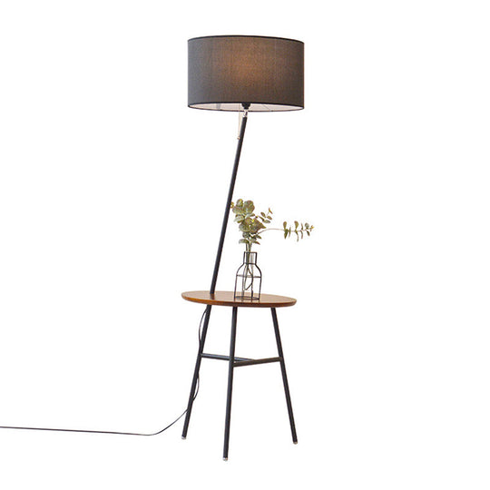 Classic Drum Shaped Fabric Floor Lamp With Tripod Tray - Perfect Living Room Lighting