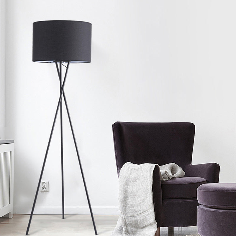 Vintage Tripod Metal Floor Lamp With Drum Fabric Shade - Perfect For Living Room