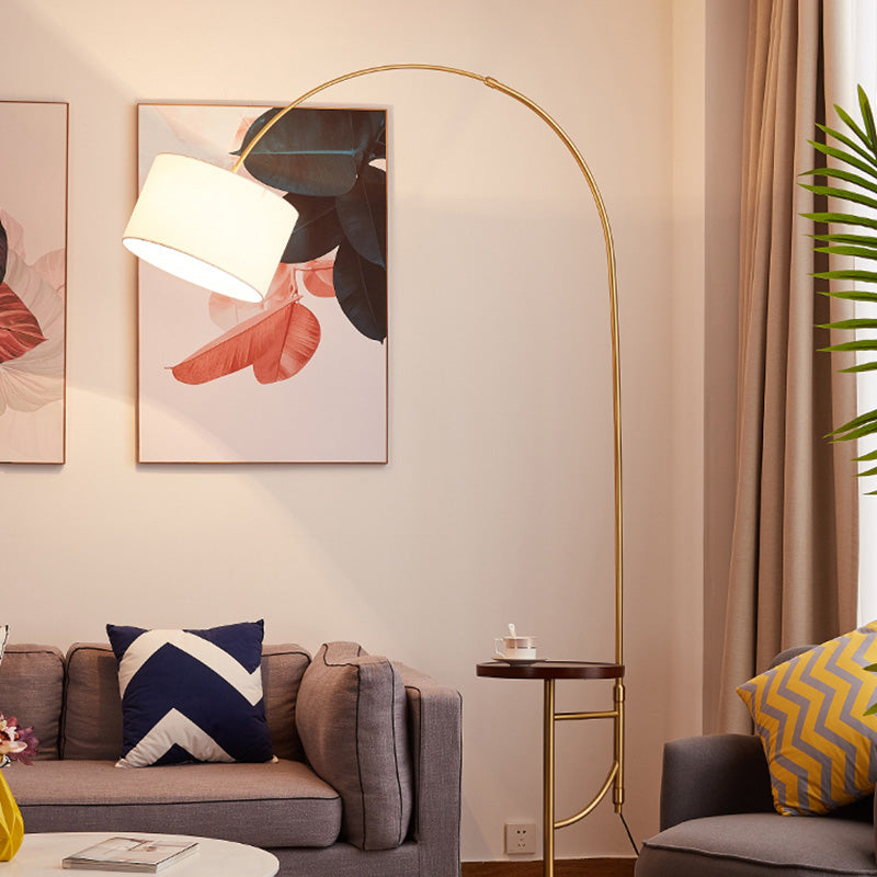 Minimalist Metallic Arched Floor Lamp With Drum Fabric Shade In Gold / C