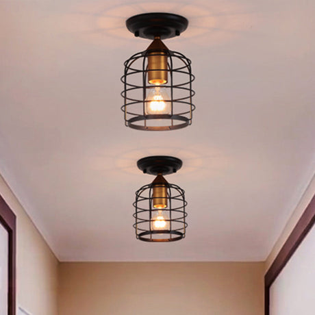 Sleek Black Industrial Metal Cylinder Semi Flush Light With Cage For Corridor - Ceiling Mounted