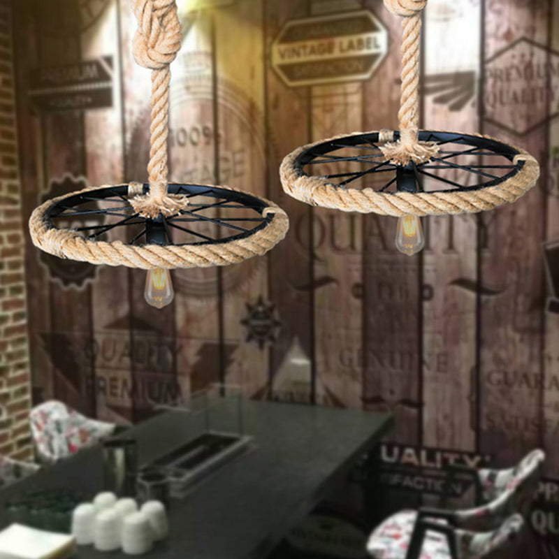 Industrial Exposed Bulb Hanging Light Kit - Metal & Rope Bedroom Pendant Black