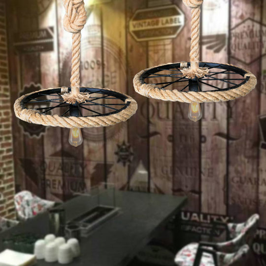 Industrial Metal And Rope Hanging Light Kit - Exposed Bulb Pendant For Bedroom Black Finish