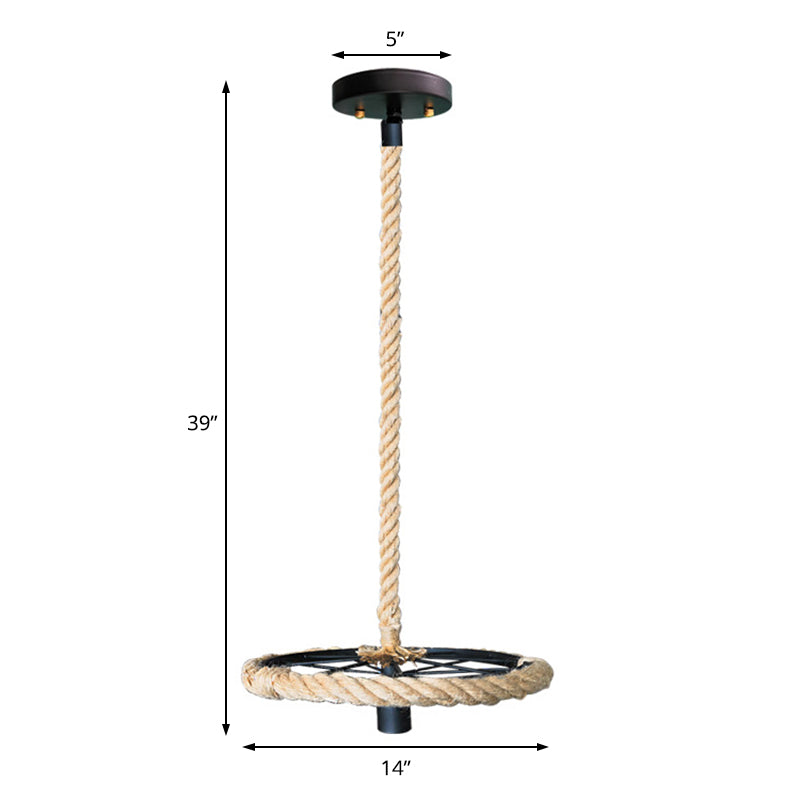 Industrial Exposed Bulb Hanging Light Kit - Metal & Rope Bedroom Pendant Black