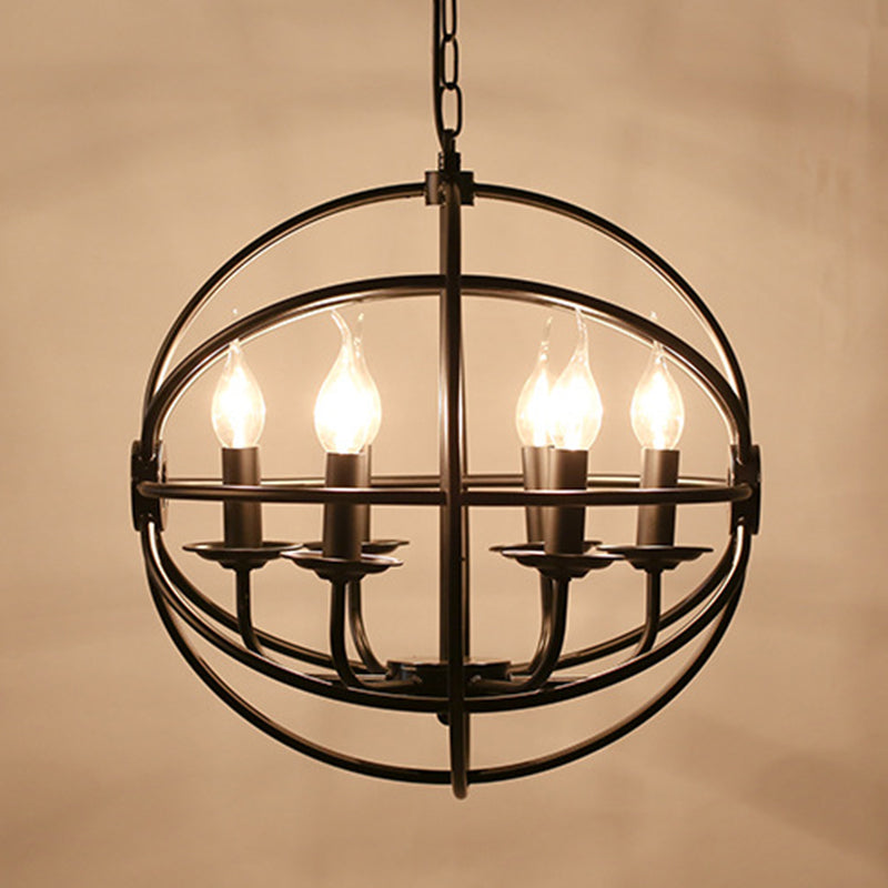 Industrial Black Metal Chandelier - 6-Light Candle Pendant With Globe Design For Dining Room