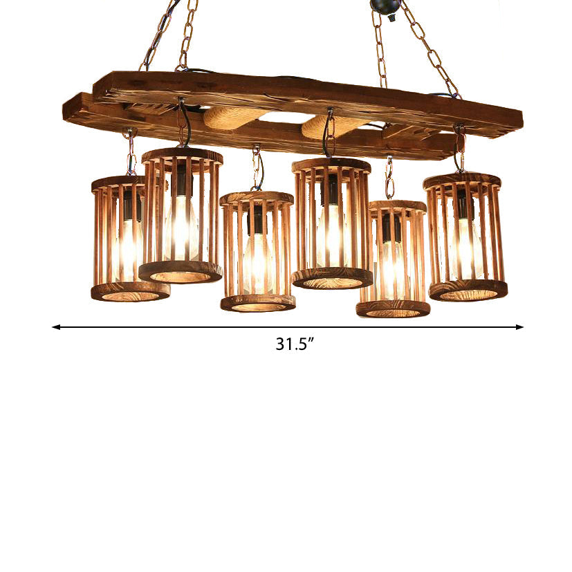 Vintage Wood & Black 6-Light Cylinder Chandelier For Dining Room Pendant Lighting