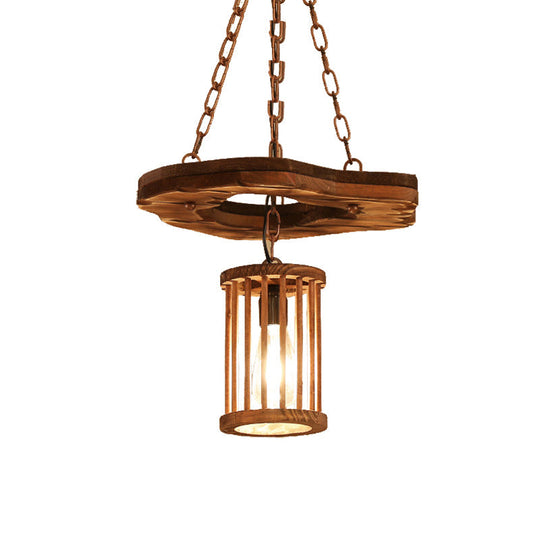 Factory Black Wooden Cylinder Pendant Light With Chain - 1 Hanging Fixture