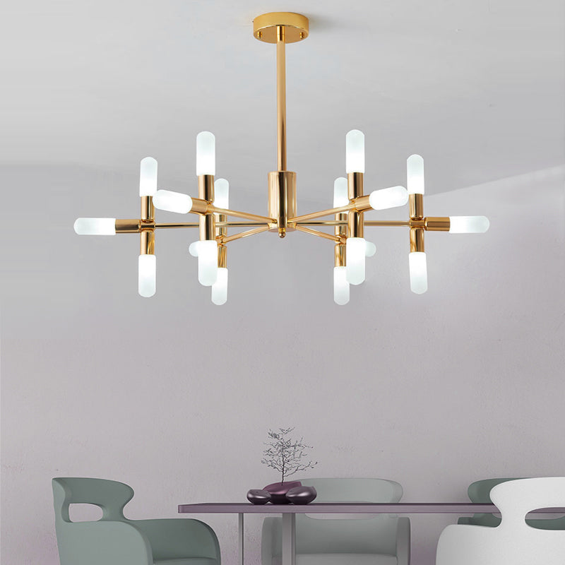 Contemporary Tubular Chandelier: 18/36-Light Black/Gold Metal Hanging Lamp With Starburst Design