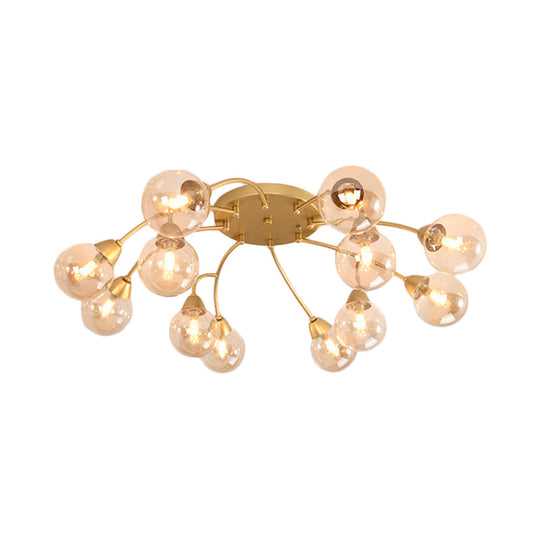 Modernist Amber/Smoky/Cream Glass Semi Flush Lamp With Grape Shape Led Lights - Gold Mount Fixture