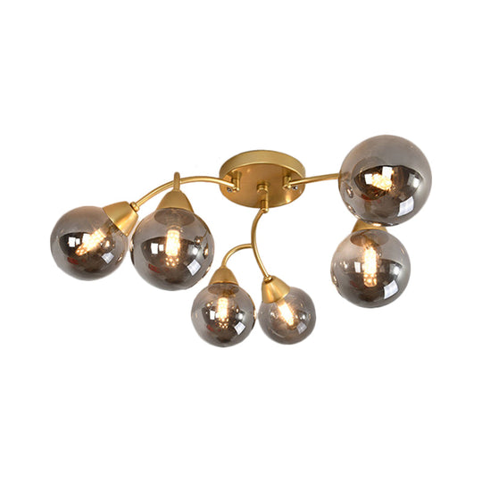 Modernist Amber/Smoky/Cream Glass Semi Flush Lamp With Grape Shape Led Lights - Gold Mount Fixture