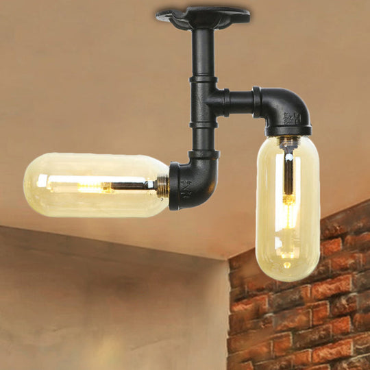 Rustic 2 - Bulb Amber Glass Semi Mount Ceiling Light In Matte Black - Dining Room Lighting With