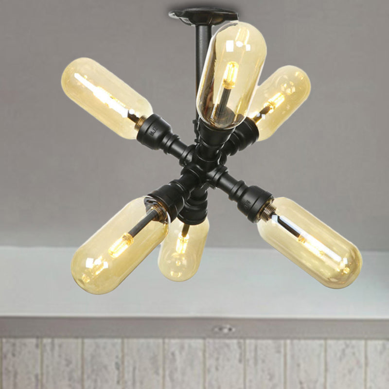 Rustic Amber Glass Ceiling Light With Semi - Flush Design - 4/5/6 Bulbs Matte Black Finish And Pipe