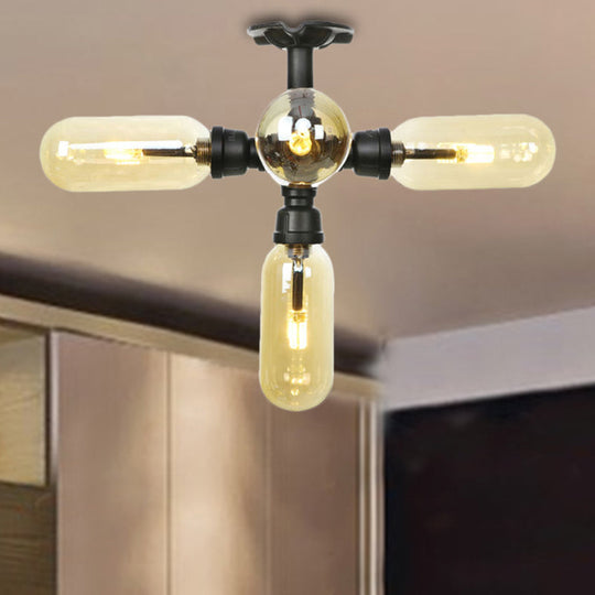 Rustic Amber Glass Ceiling Light With Semi - Flush Design - 4/5/6 Bulbs Matte Black Finish And Pipe
