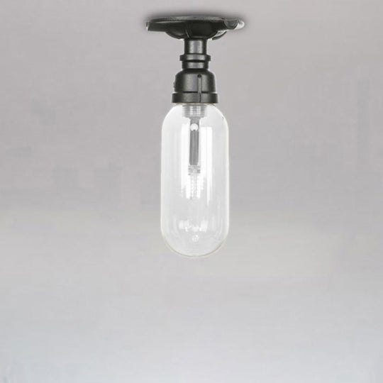 Industrial Clear Glass Semi - Flush Ceiling Light With Pipe Design Black / C