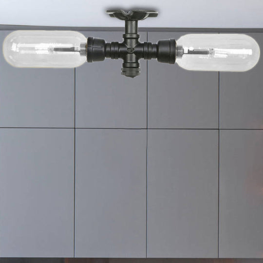 Vintage Matte Black Semi Mount Ceiling Light With Clear Glass Shades - 2-Light Capsule Design / A