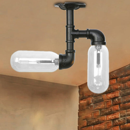 Vintage Matte Black Semi Mount Ceiling Light With Clear Glass Shades - 2 - Light Capsule Design / D