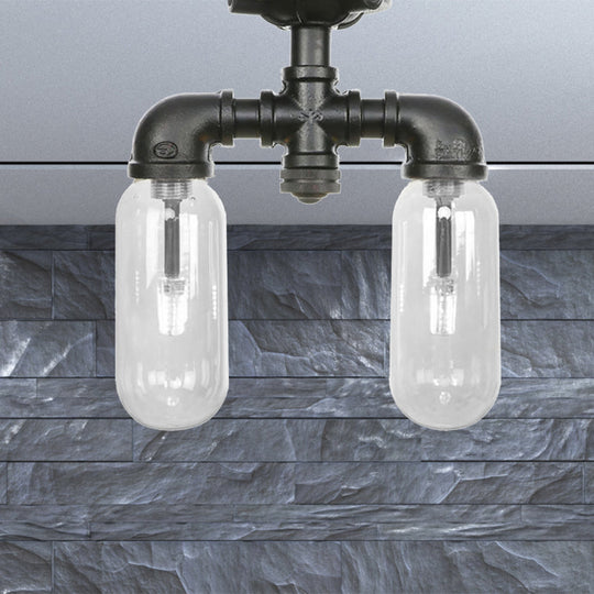 Vintage Matte Black Semi Mount Ceiling Light With Clear Glass Shades - 2 - Light Capsule Design / B