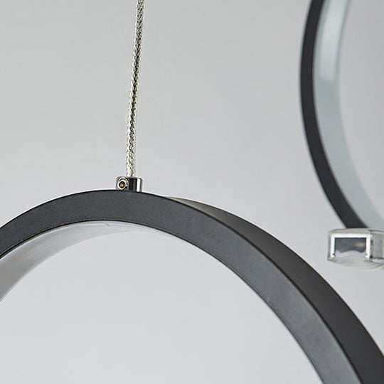 Simple Acrylic Linear And Ring Ceiling Chandelier - Black Hanging Light With Warm/White Glow