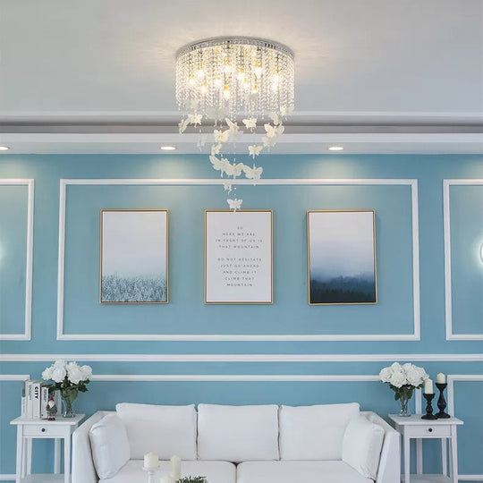 Romantic Butterfly Crystal Flush Ceiling Light For Shop - Round Metal White Fixture