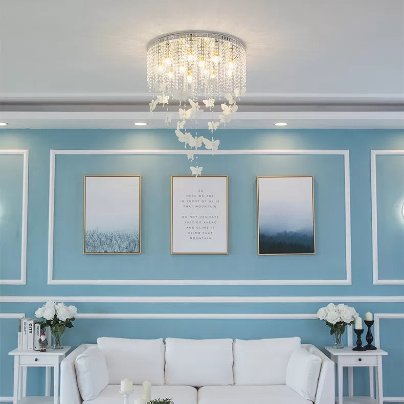 Romantic Butterfly Crystal Flush Ceiling Light For Shop - Round Metal White Fixture