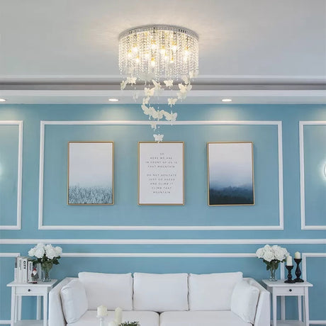 Romantic Butterfly Crystal Flush Ceiling Light For Shop - Round Metal White Fixture