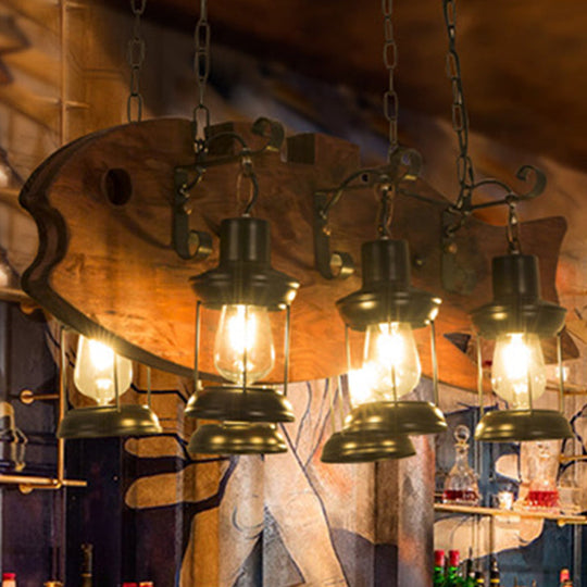 Coastal Black 6-Bulb Lantern Ceiling Lamp For Living Room With Rectangle/Fish Design / Fish